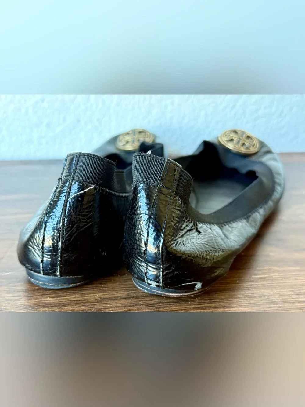 Tory Burch Black Patent Leather Logo Ballet Flats 9.5 M